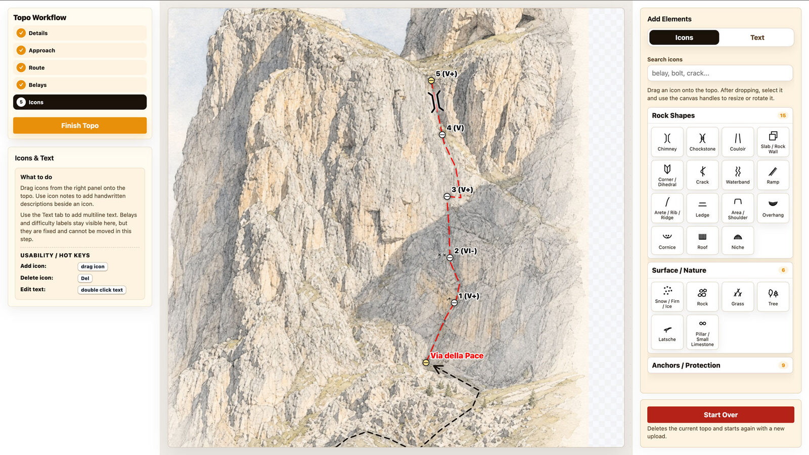 The icon library of the topo editor with rock shapes, surface types and protection symbols